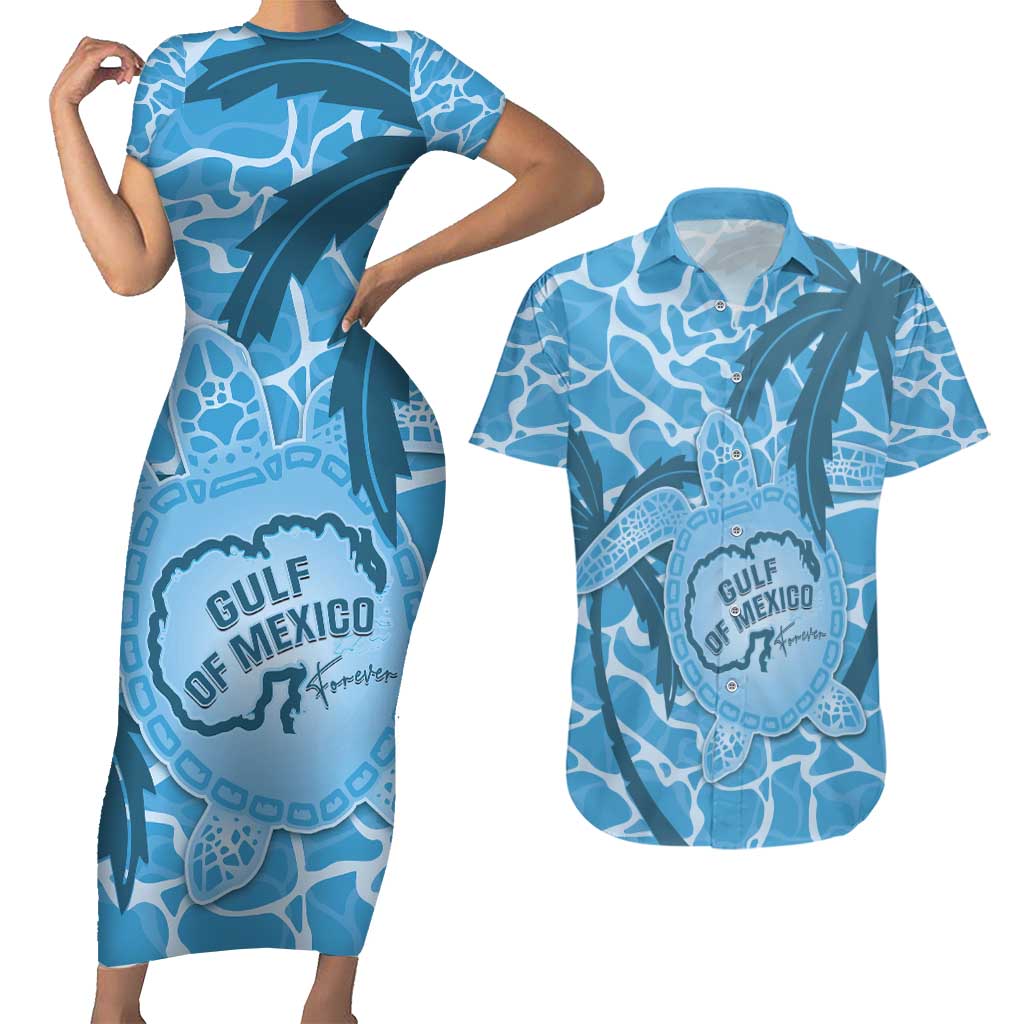 Gulf of Mexico Forever Couples Matching Short Sleeve Bodycon Dress and Hawaiian Shirt Mexican Turtle Blue Version