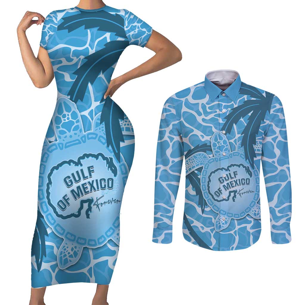 Gulf of Mexico Forever Couples Matching Short Sleeve Bodycon Dress and Long Sleeve Button Shirt Mexican Turtle Blue Version