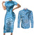 Gulf of Mexico Forever Couples Matching Short Sleeve Bodycon Dress and Long Sleeve Button Shirt Mexican Turtle Blue Version