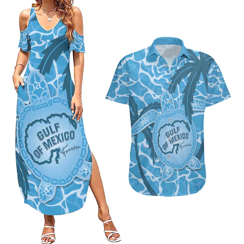 Gulf of Mexico Forever Couples Matching Summer Maxi Dress and Hawaiian Shirt Mexican Turtle Blue Version