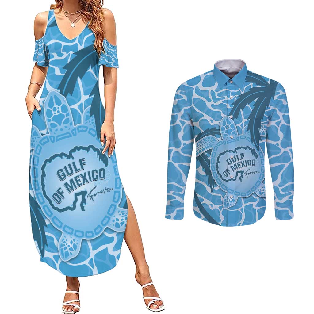 Gulf of Mexico Forever Couples Matching Summer Maxi Dress and Long Sleeve Button Shirt Mexican Turtle Blue Version