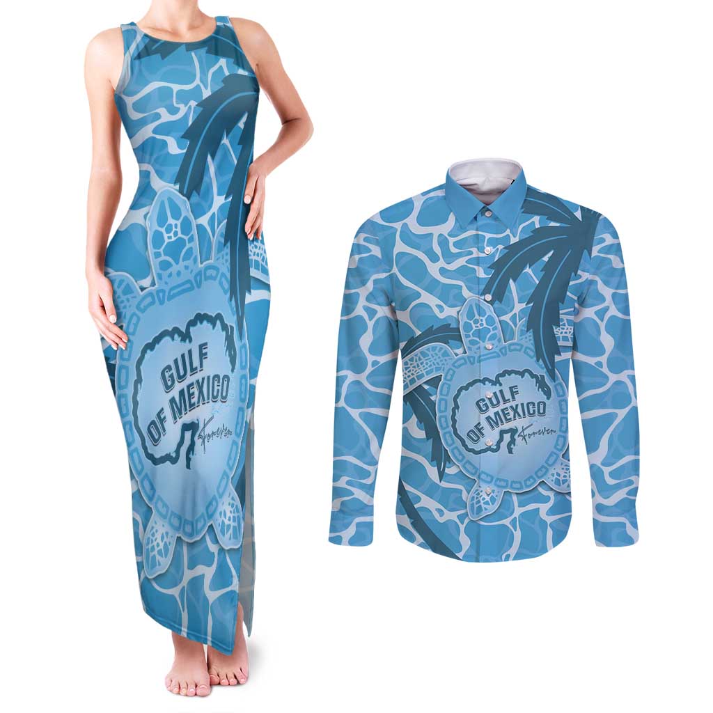 Gulf of Mexico Forever Couples Matching Tank Maxi Dress and Long Sleeve Button Shirt Mexican Turtle Blue Version