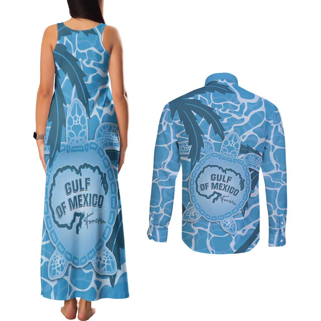 Gulf of Mexico Forever Couples Matching Tank Maxi Dress and Long Sleeve Button Shirt Mexican Turtle Blue Version