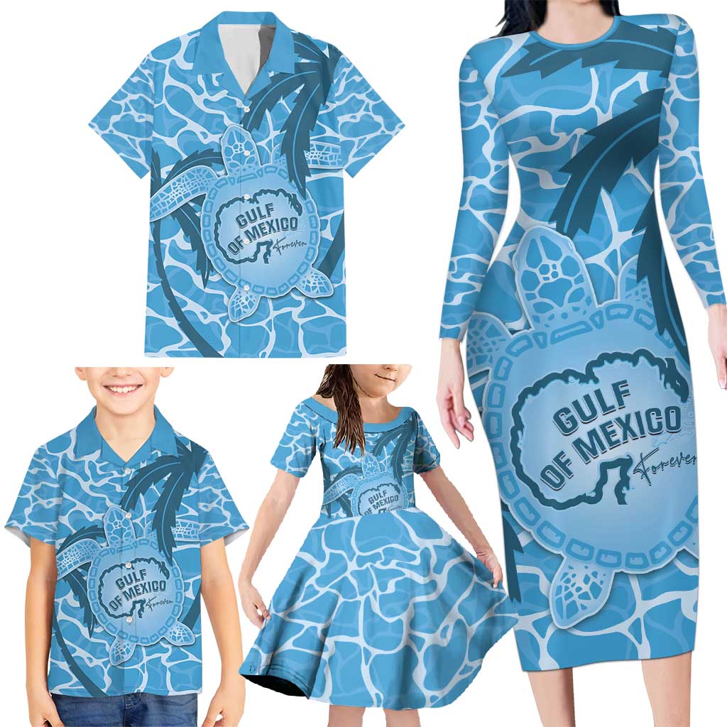 Gulf of Mexico Forever Family Matching Long Sleeve Bodycon Dress and Hawaiian Shirt Mexican Turtle Blue Version