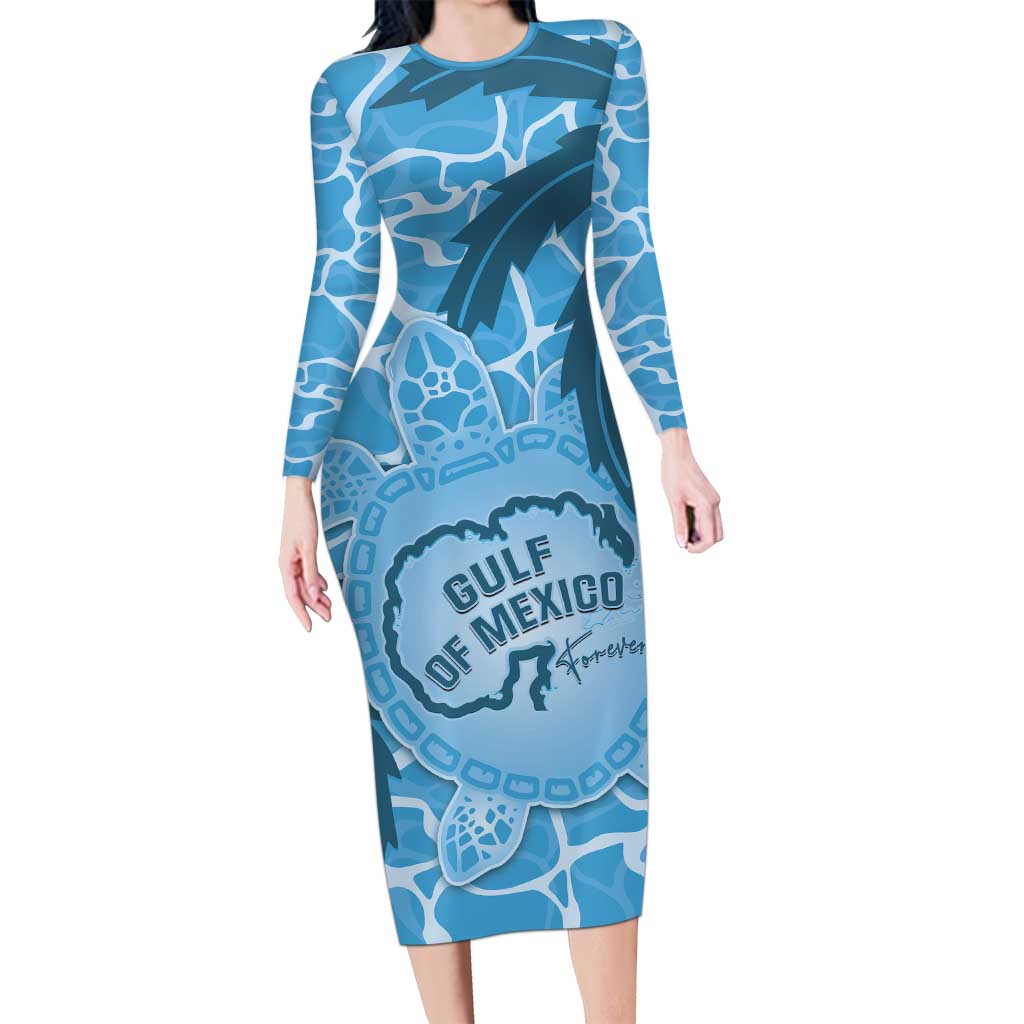 Gulf of Mexico Forever Family Matching Long Sleeve Bodycon Dress and Hawaiian Shirt Mexican Turtle Blue Version