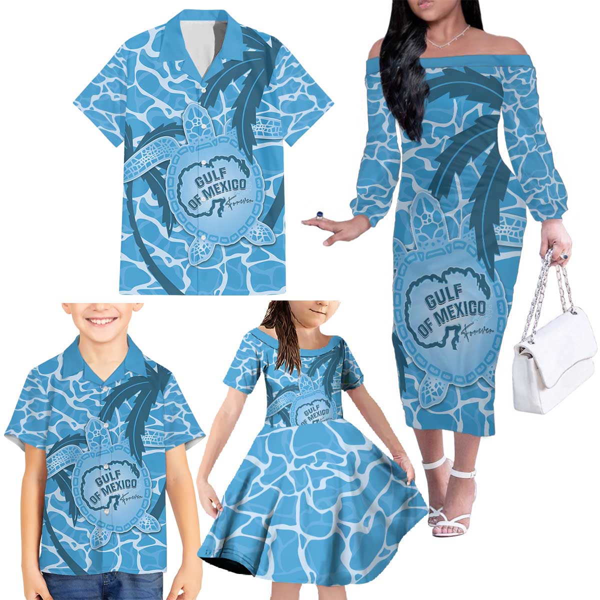 Gulf of Mexico Forever Family Matching Off The Shoulder Long Sleeve Dress and Hawaiian Shirt Mexican Turtle Blue Version