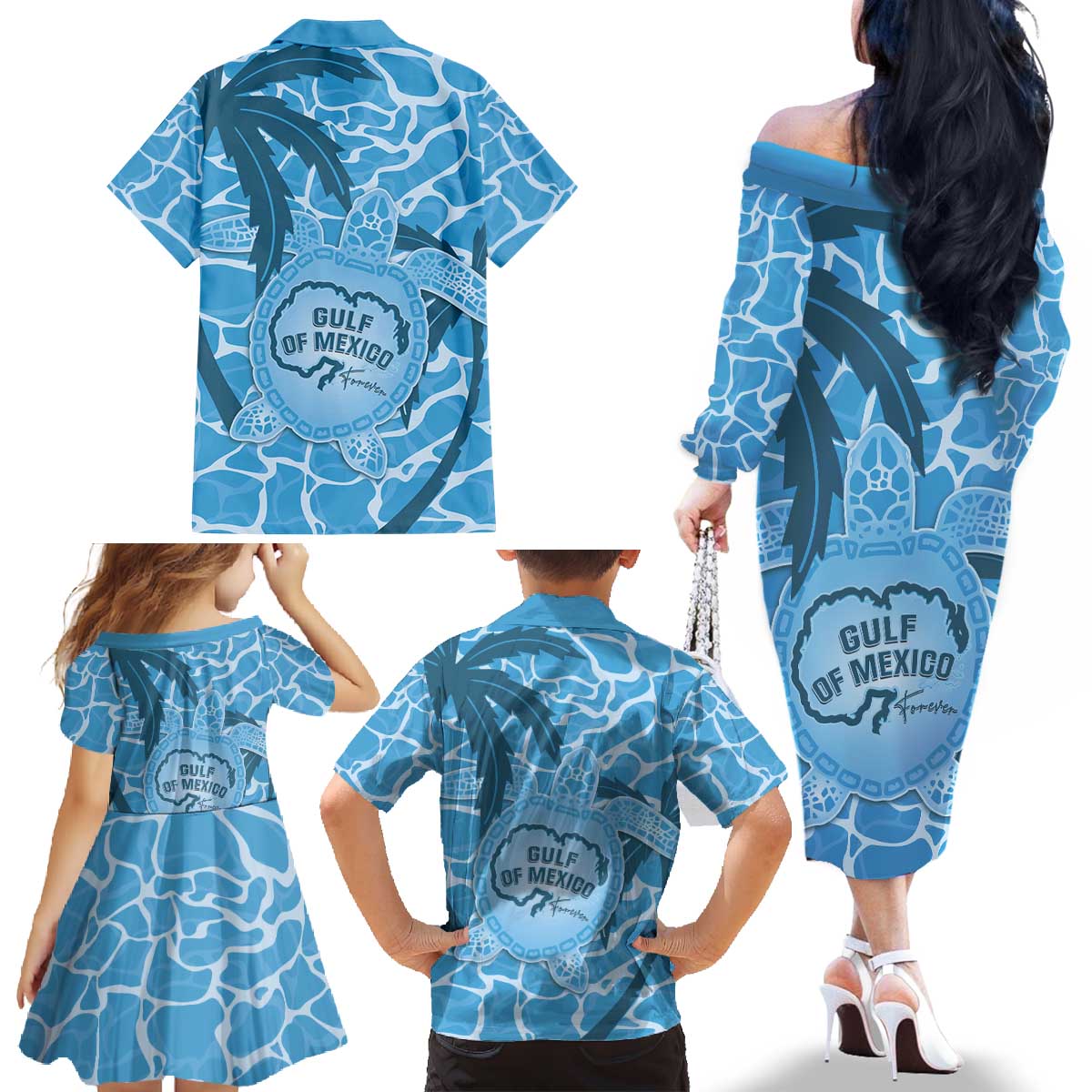 Gulf of Mexico Forever Family Matching Off The Shoulder Long Sleeve Dress and Hawaiian Shirt Mexican Turtle Blue Version