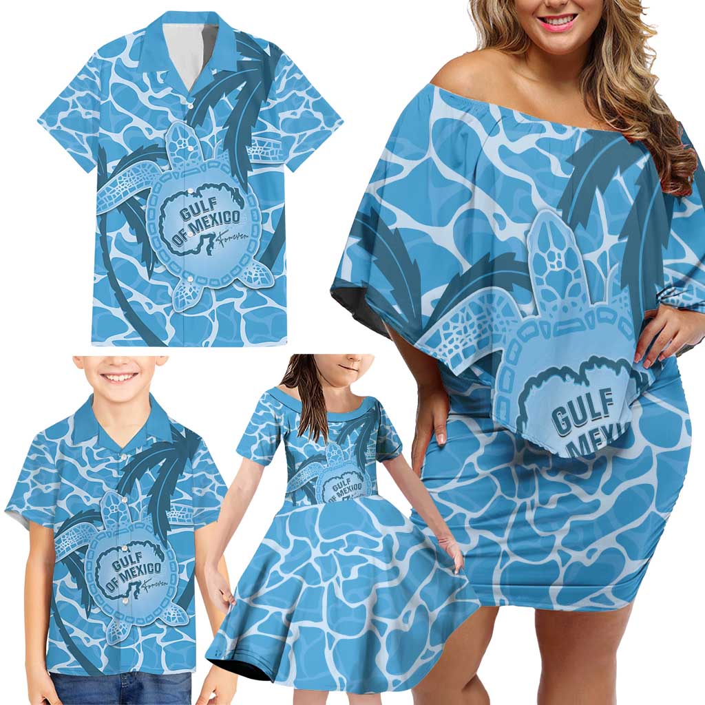 Gulf of Mexico Forever Family Matching Off Shoulder Short Dress and Hawaiian Shirt Mexican Turtle Blue Version