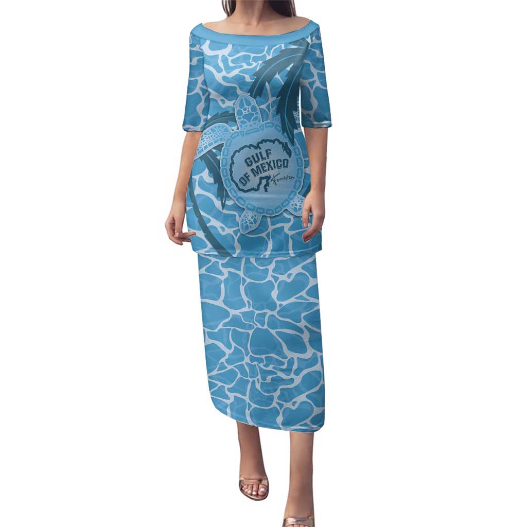 Gulf of Mexico Forever Family Matching Puletasi and Hawaiian Shirt Mexican Turtle Blue Version