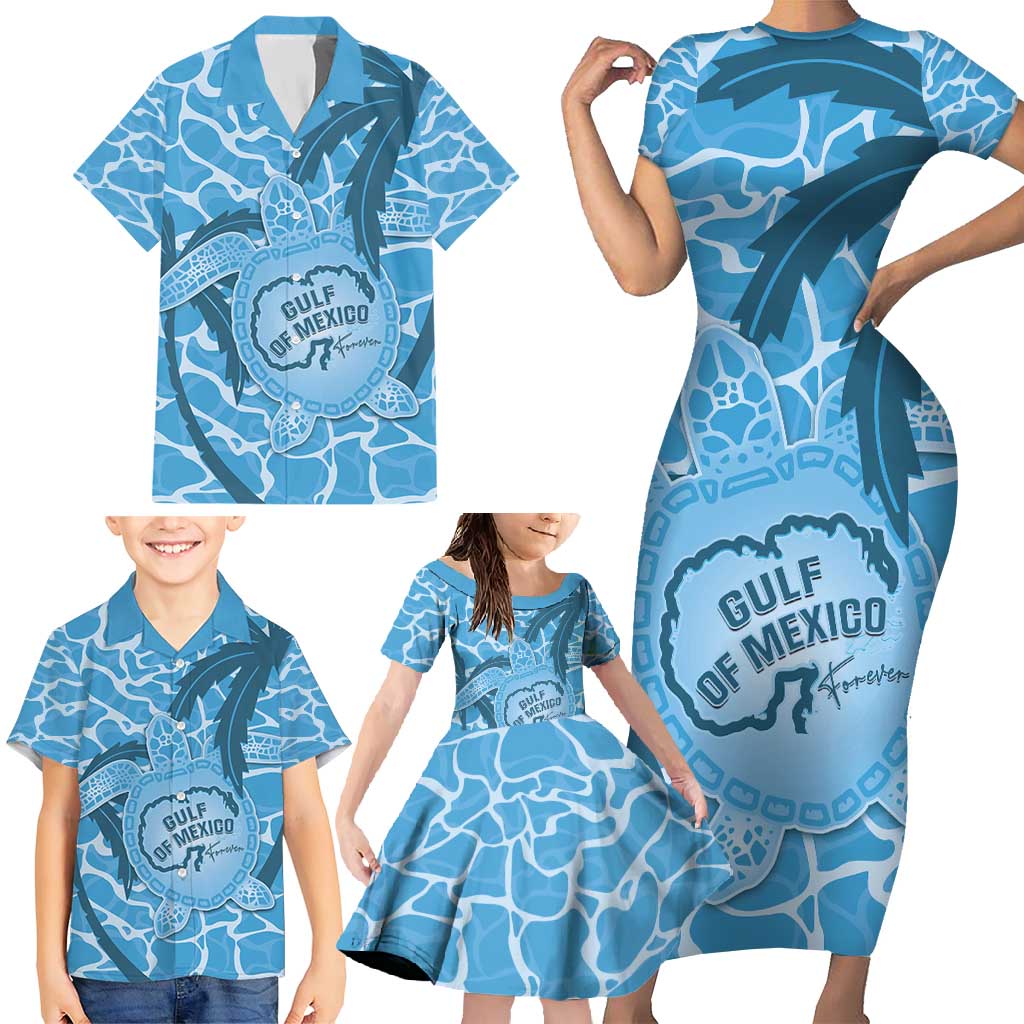 Gulf of Mexico Forever Family Matching Short Sleeve Bodycon Dress and Hawaiian Shirt Mexican Turtle Blue Version