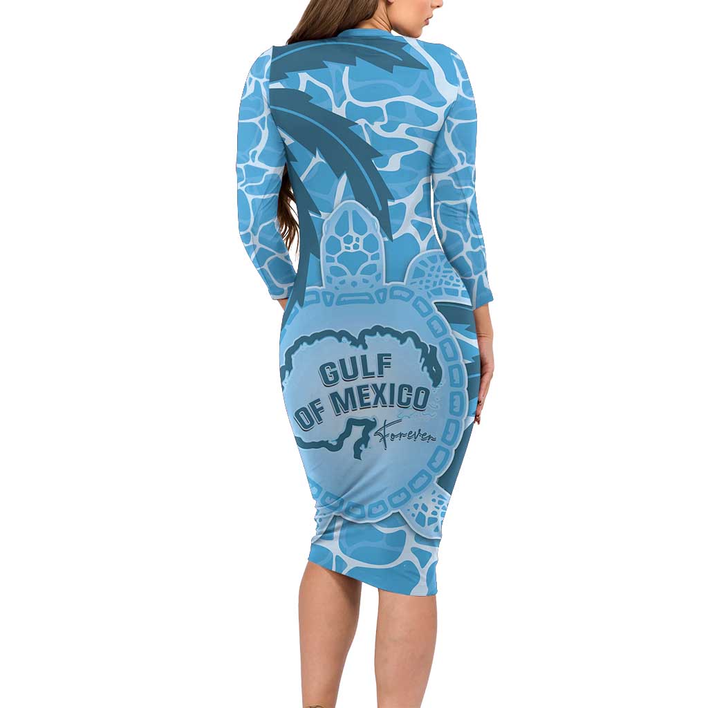 Gulf of Mexico Forever Long Sleeve Bodycon Dress Mexican Turtle Blue Version