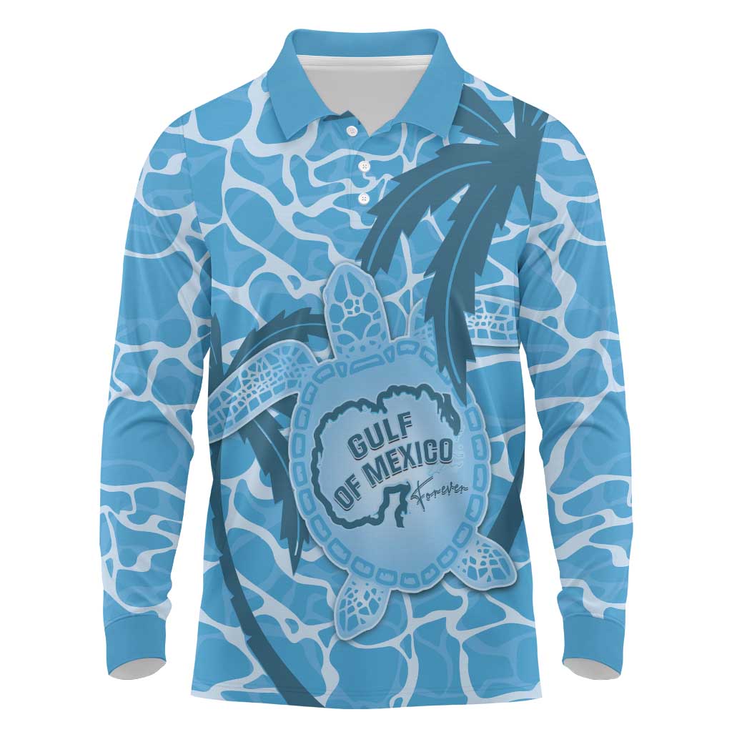 Gulf of Mexico Forever Long Sleeve Polo Shirt Mexican Turtle Blue Version