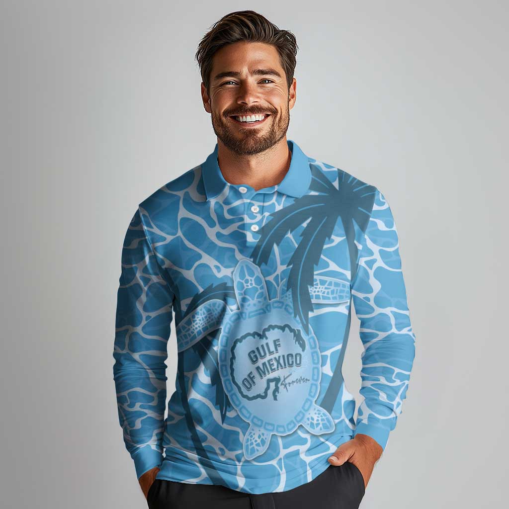 Gulf of Mexico Forever Long Sleeve Polo Shirt Mexican Turtle Blue Version