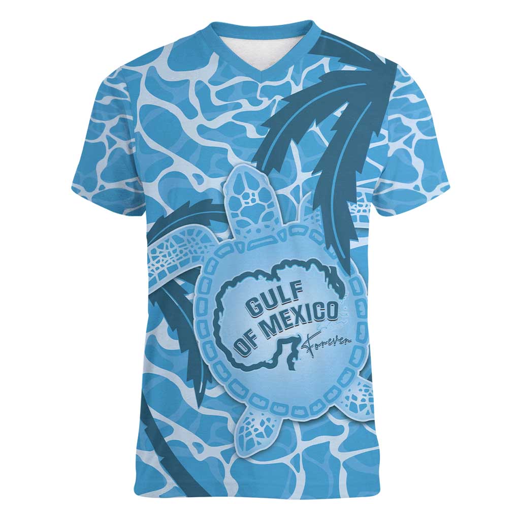 Gulf of Mexico Forever Women V-Neck T-Shirt Mexican Turtle Blue Version