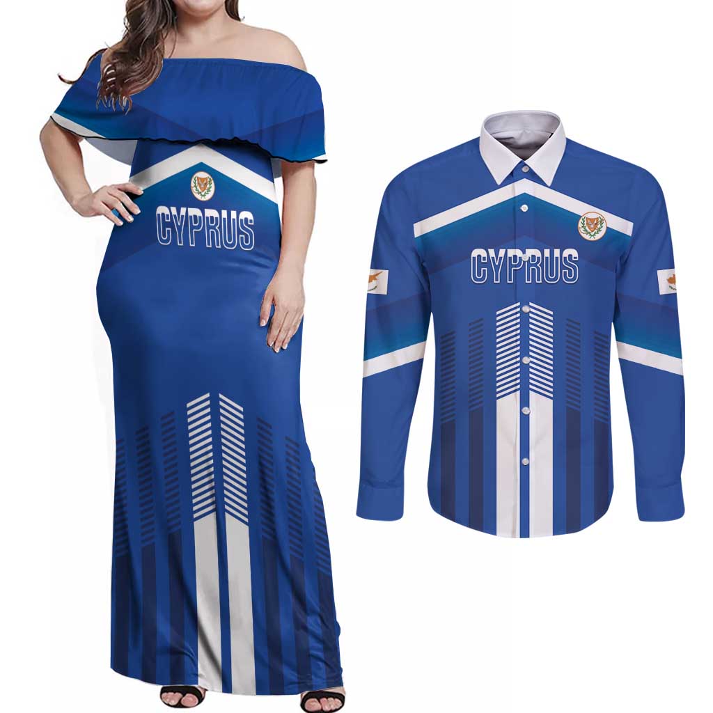 Custom Cyprus Football Couples Matching Off Shoulder Maxi Dress and Long Sleeve Button Shirt Go Champions