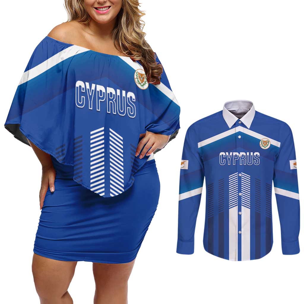 Custom Cyprus Football Couples Matching Off Shoulder Short Dress and Long Sleeve Button Shirt Go Champions