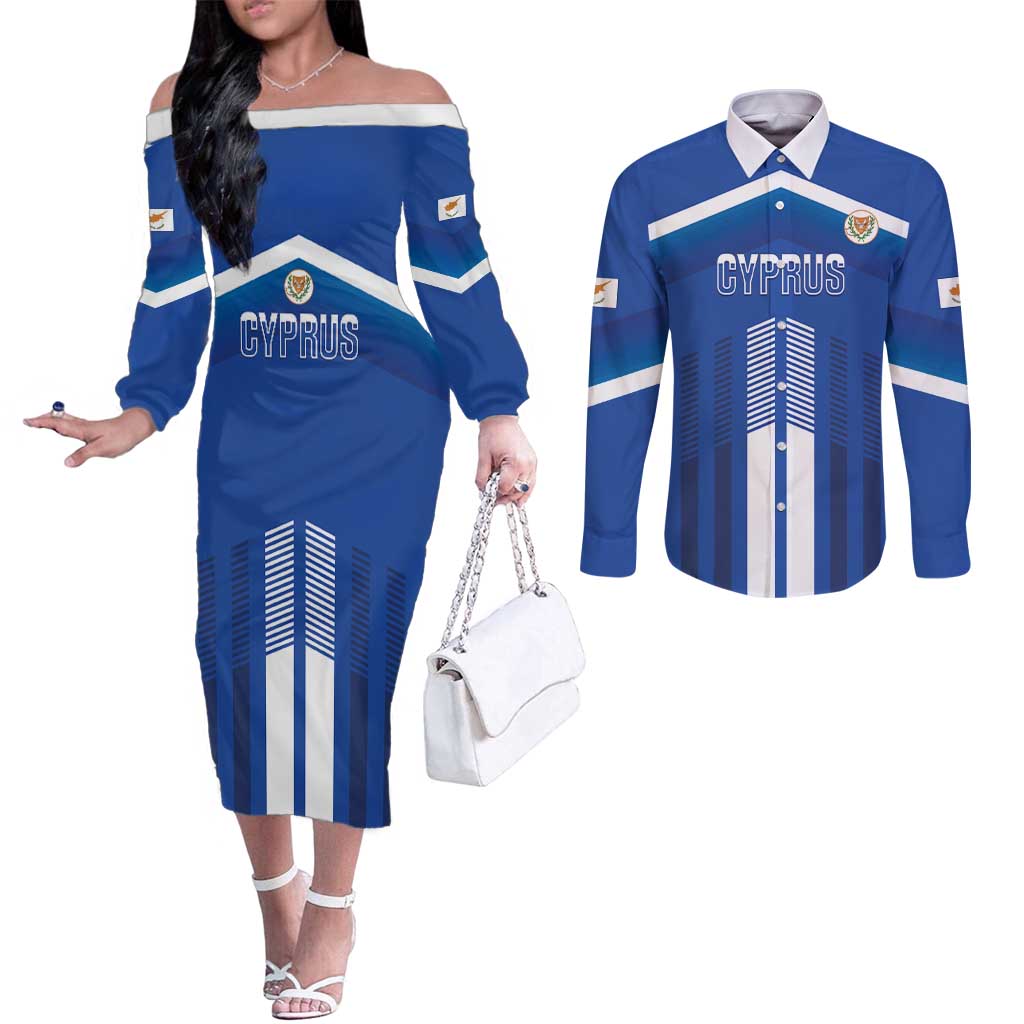 Custom Cyprus Football Couples Matching Off The Shoulder Long Sleeve Dress and Long Sleeve Button Shirt Go Champions