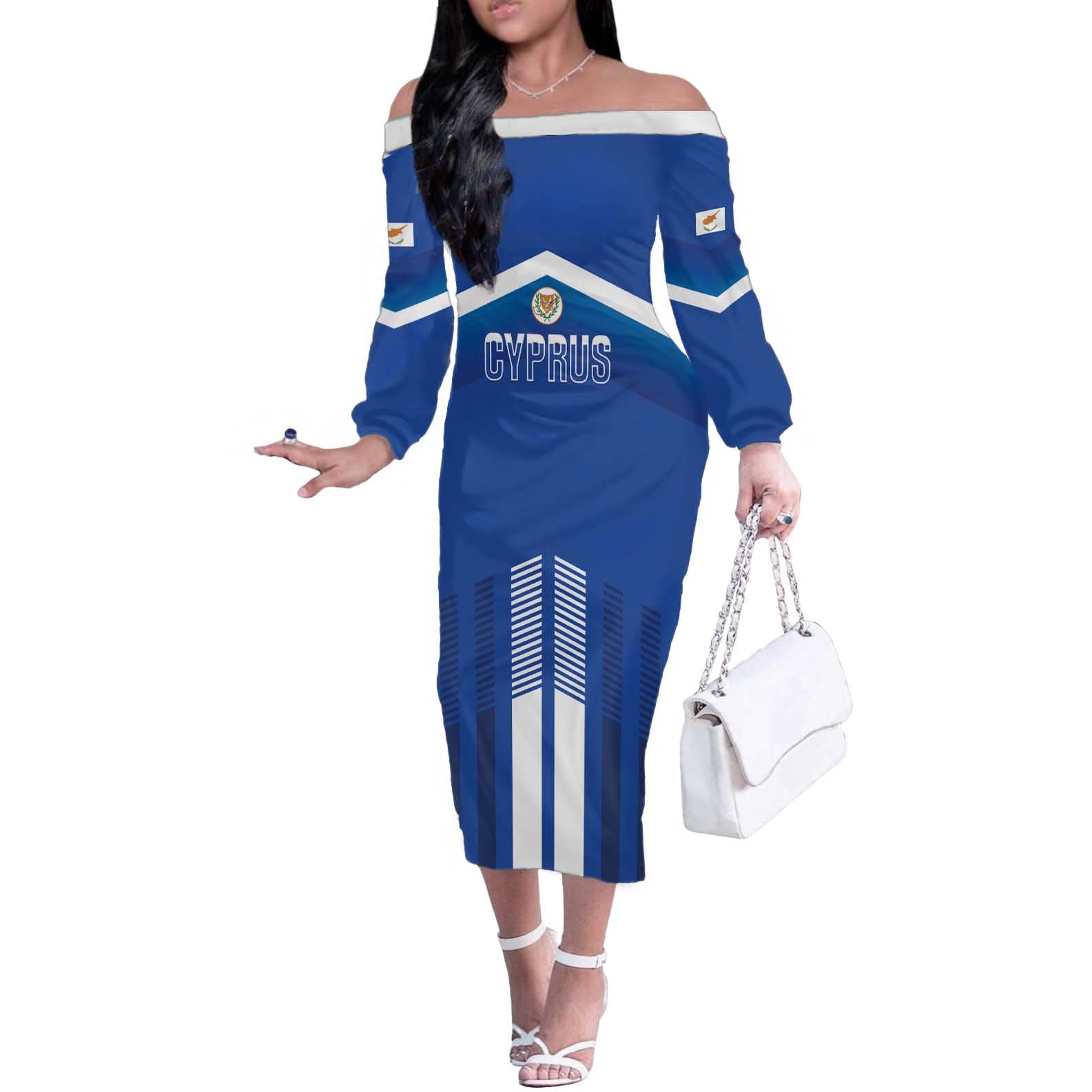 Custom Cyprus Football Off The Shoulder Long Sleeve Dress Go Champions