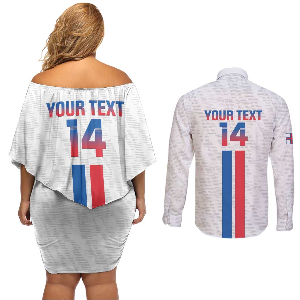 Custom Faroe Islands Football Couples Matching Off Shoulder Short Dress and Long Sleeve Button Shirt Come On National Team