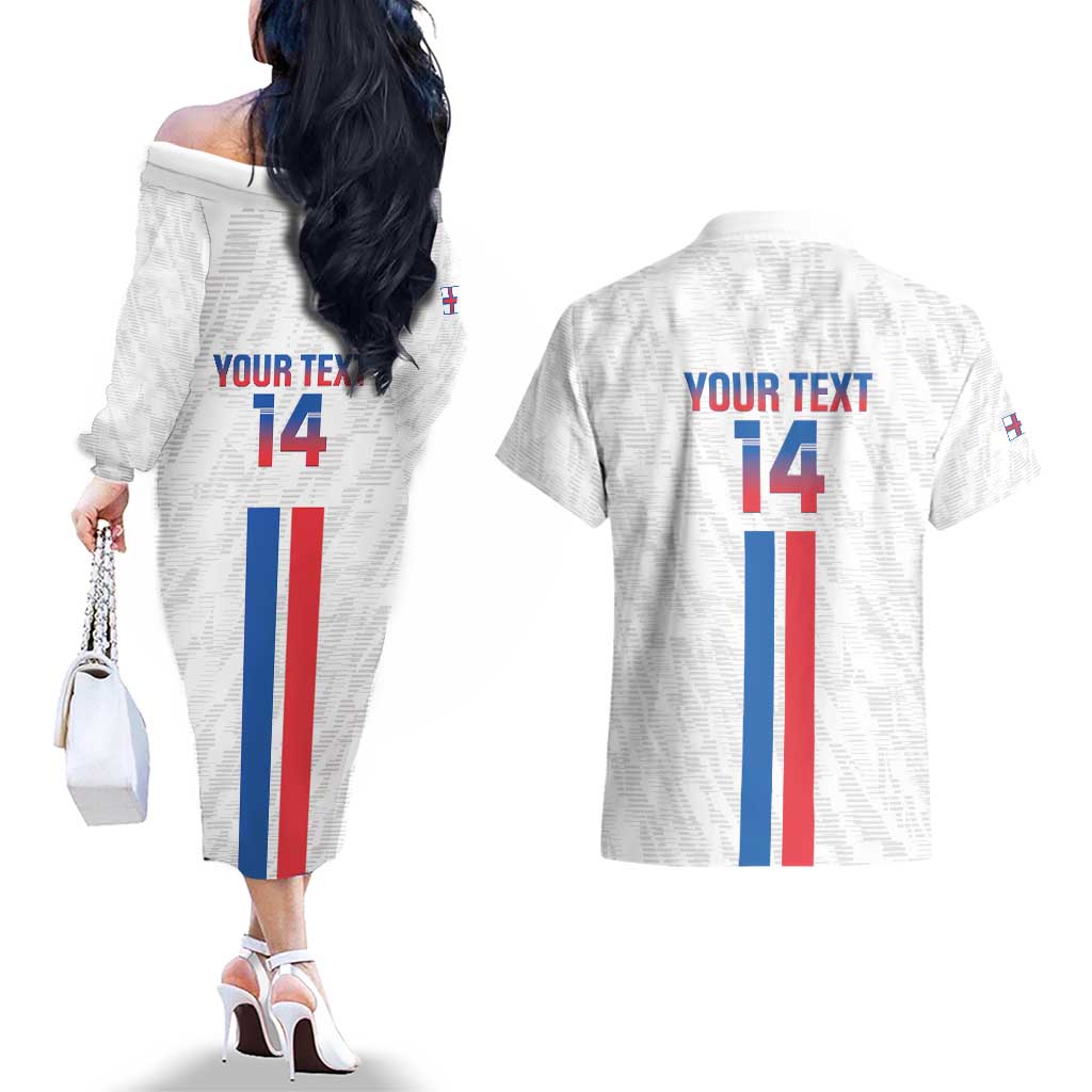 Custom Faroe Islands Football Couples Matching Off The Shoulder Long Sleeve Dress and Hawaiian Shirt Come On National Team