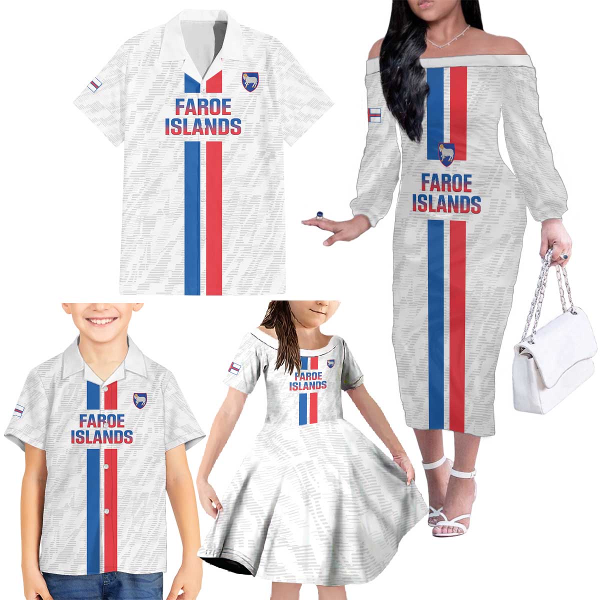 Custom Faroe Islands Football Family Matching Off The Shoulder Long Sleeve Dress and Hawaiian Shirt Come On National Team