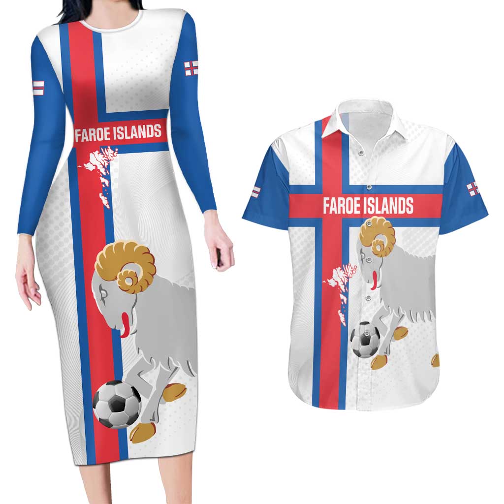 Custom Faroe Islands Football Couples Matching Long Sleeve Bodycon Dress and Hawaiian Shirt Coat Of Arms Flag Style
