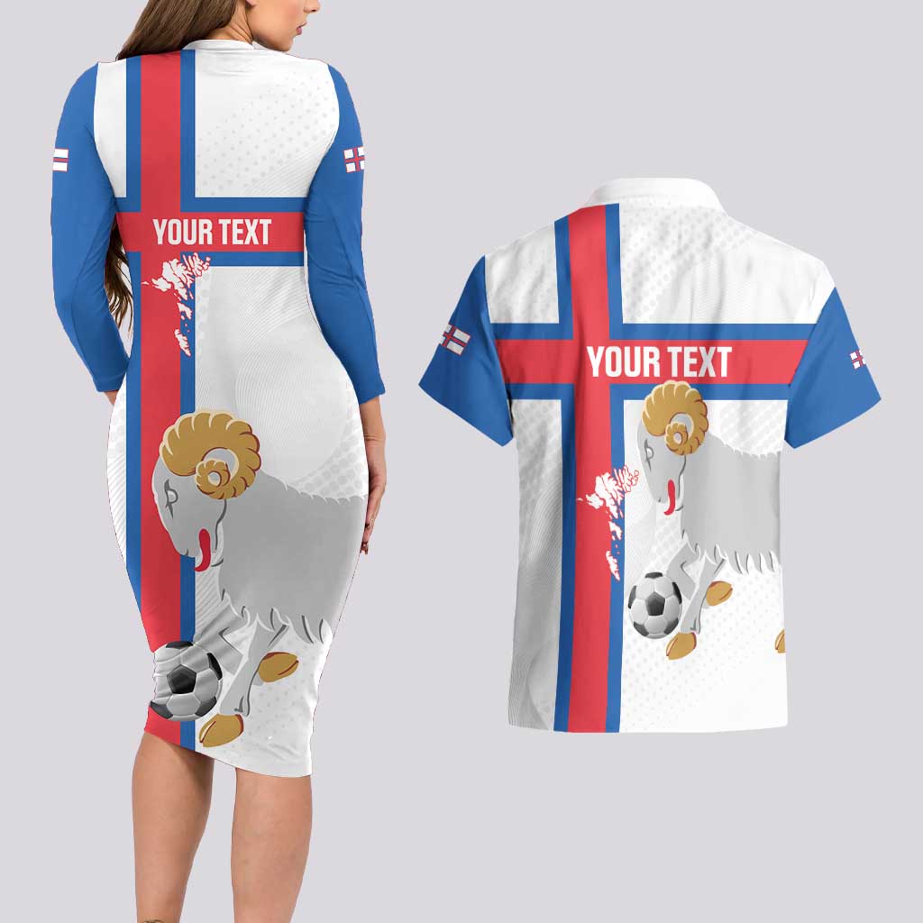 Custom Faroe Islands Football Couples Matching Long Sleeve Bodycon Dress and Hawaiian Shirt Coat Of Arms Flag Style