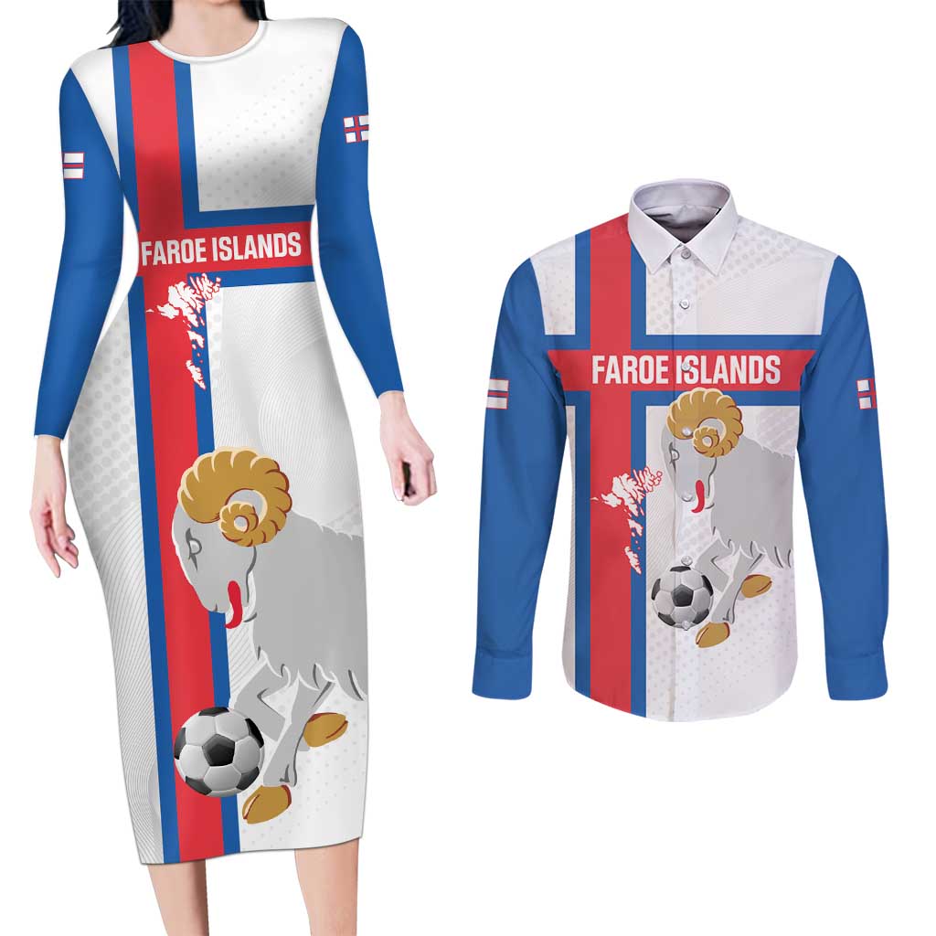 Custom Faroe Islands Football Couples Matching Long Sleeve Bodycon Dress and Long Sleeve Button Shirt Coat Of Arms Flag Style