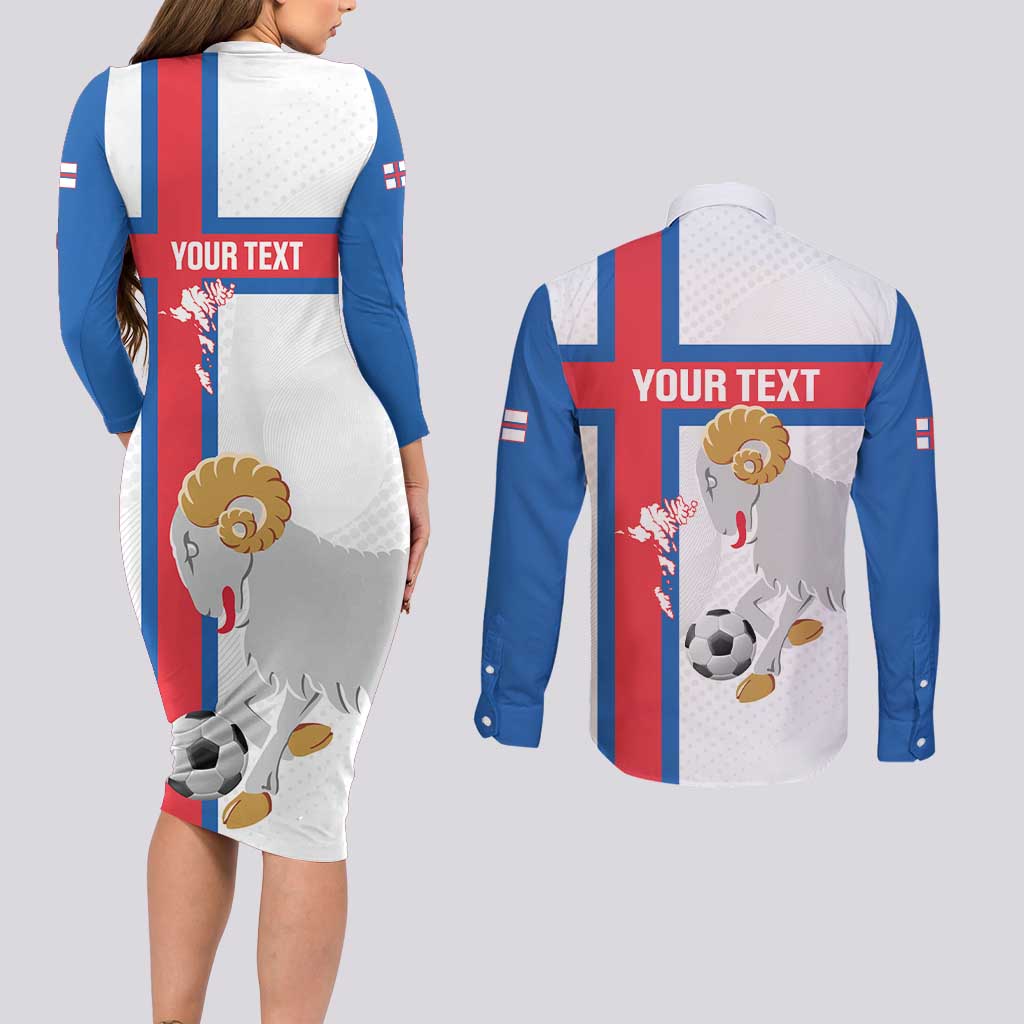 Custom Faroe Islands Football Couples Matching Long Sleeve Bodycon Dress and Long Sleeve Button Shirt Coat Of Arms Flag Style