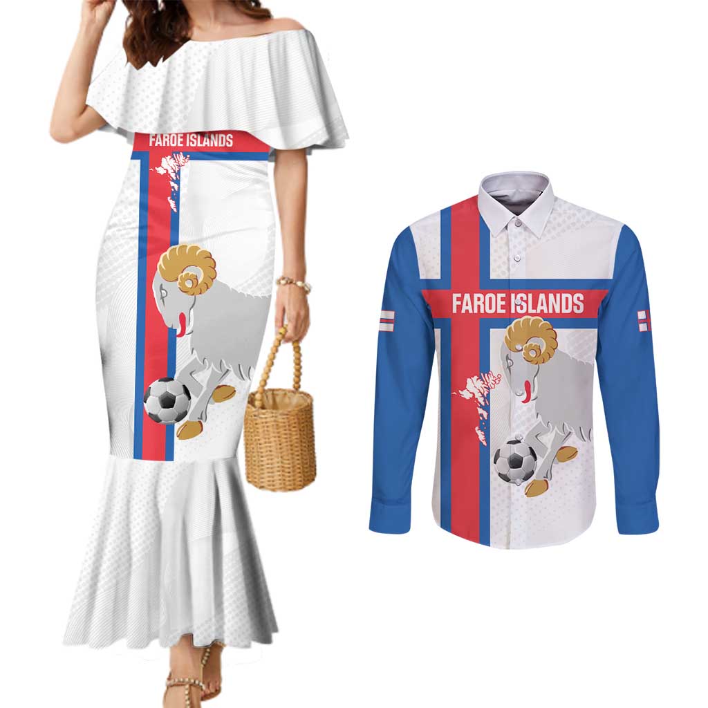 Custom Faroe Islands Football Couples Matching Mermaid Dress and Long Sleeve Button Shirt Coat Of Arms Flag Style