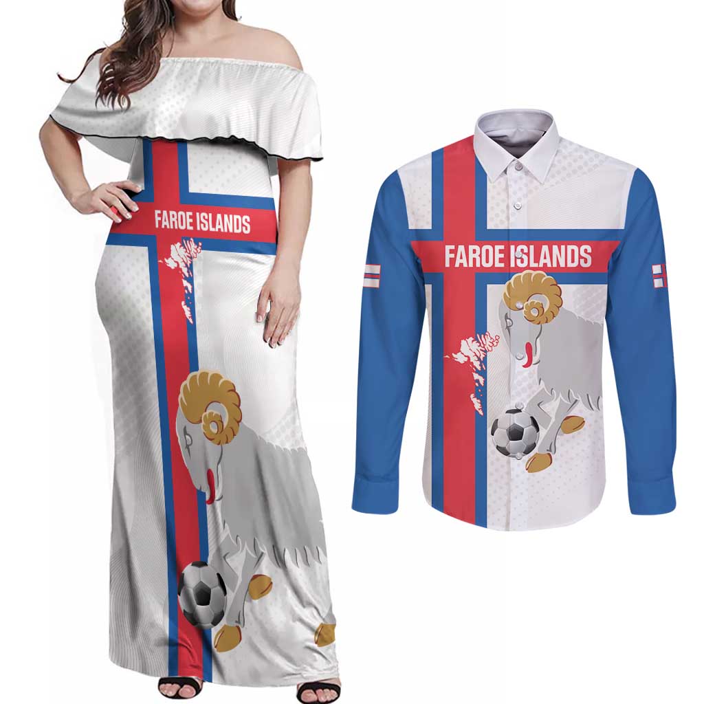 Custom Faroe Islands Football Couples Matching Off Shoulder Maxi Dress and Long Sleeve Button Shirt Coat Of Arms Flag Style