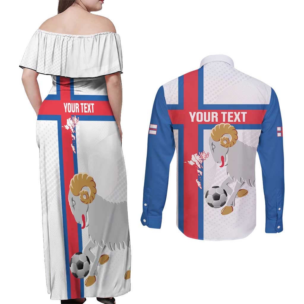 Custom Faroe Islands Football Couples Matching Off Shoulder Maxi Dress and Long Sleeve Button Shirt Coat Of Arms Flag Style