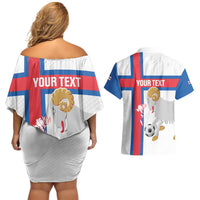 Custom Faroe Islands Football Couples Matching Off Shoulder Short Dress and Hawaiian Shirt Coat Of Arms Flag Style