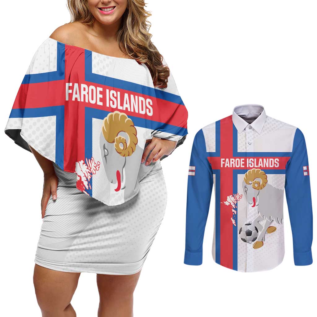 Custom Faroe Islands Football Couples Matching Off Shoulder Short Dress and Long Sleeve Button Shirt Coat Of Arms Flag Style