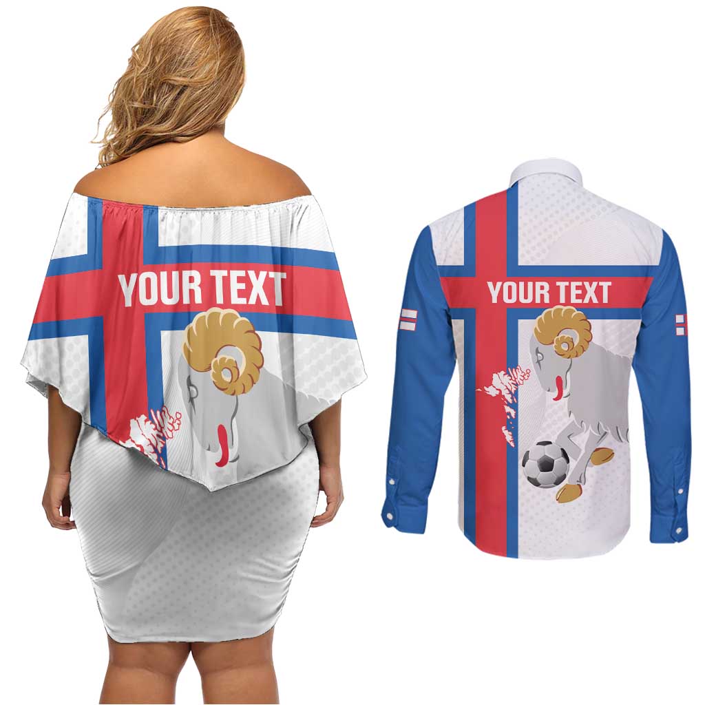 Custom Faroe Islands Football Couples Matching Off Shoulder Short Dress and Long Sleeve Button Shirt Coat Of Arms Flag Style