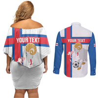 Custom Faroe Islands Football Couples Matching Off Shoulder Short Dress and Long Sleeve Button Shirt Coat Of Arms Flag Style