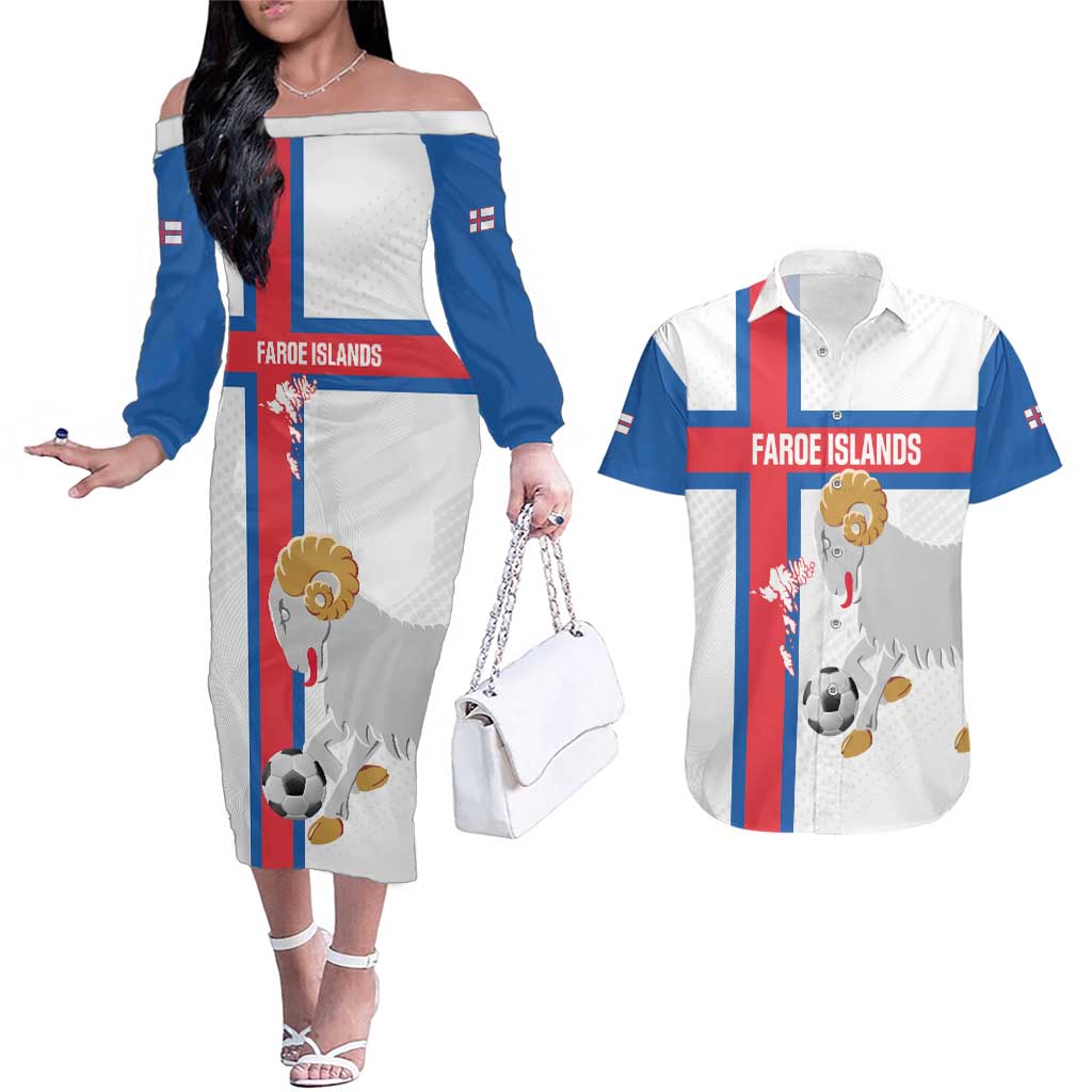 Custom Faroe Islands Football Couples Matching Off The Shoulder Long Sleeve Dress and Hawaiian Shirt Coat Of Arms Flag Style