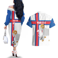 Custom Faroe Islands Football Couples Matching Off The Shoulder Long Sleeve Dress and Hawaiian Shirt Coat Of Arms Flag Style