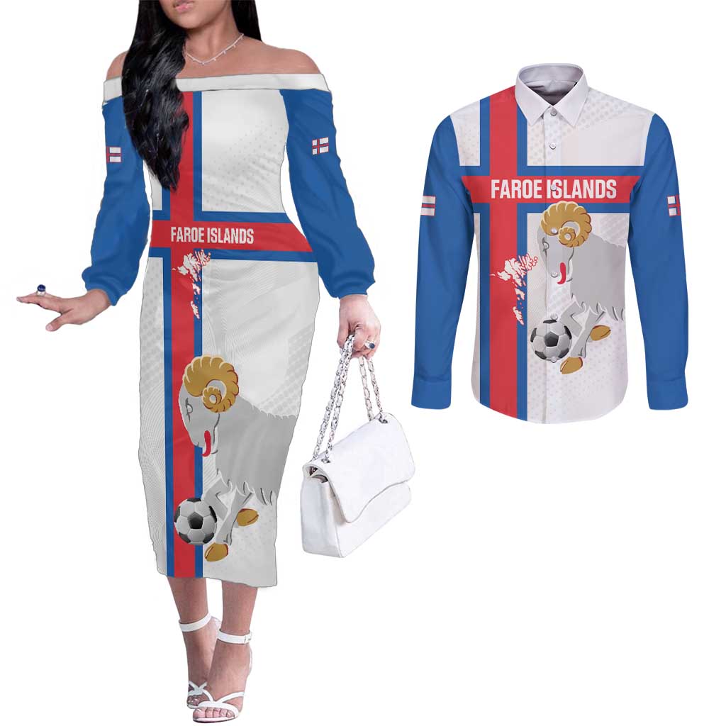 Custom Faroe Islands Football Couples Matching Off The Shoulder Long Sleeve Dress and Long Sleeve Button Shirt Coat Of Arms Flag Style