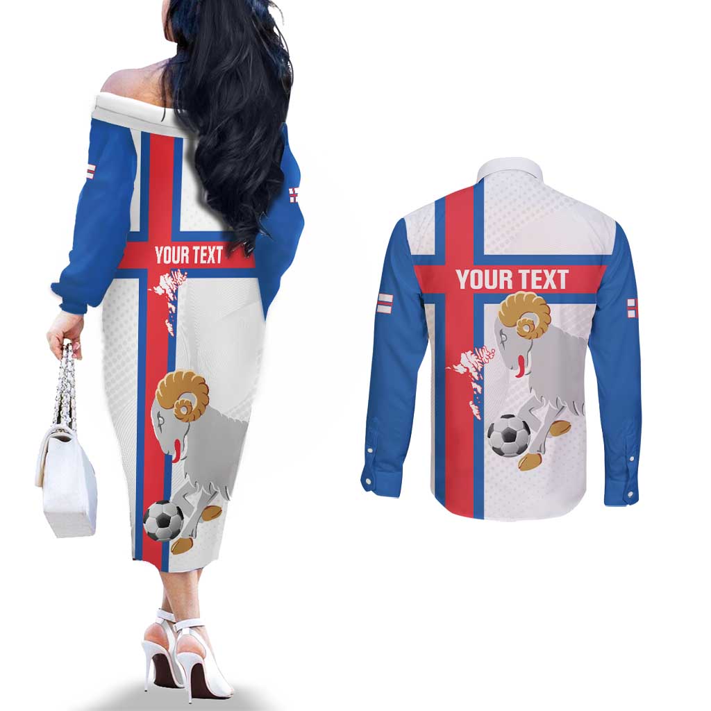 Custom Faroe Islands Football Couples Matching Off The Shoulder Long Sleeve Dress and Long Sleeve Button Shirt Coat Of Arms Flag Style