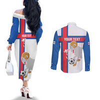 Custom Faroe Islands Football Couples Matching Off The Shoulder Long Sleeve Dress and Long Sleeve Button Shirt Coat Of Arms Flag Style