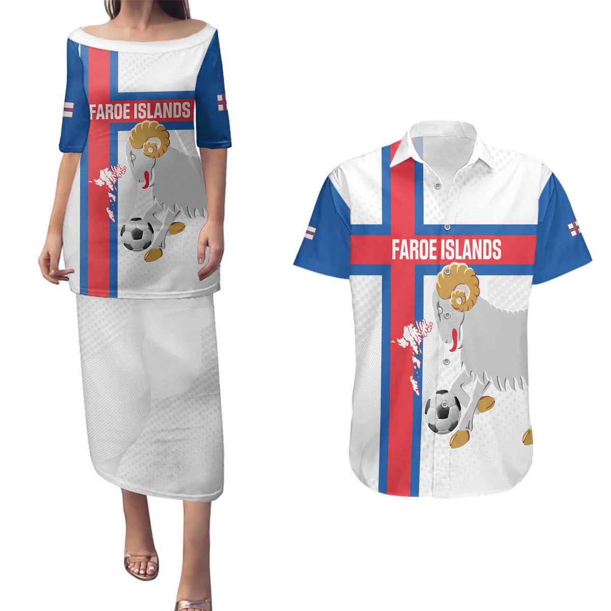 Custom Faroe Islands Football Couples Matching Puletasi and Hawaiian Shirt Coat Of Arms Flag Style