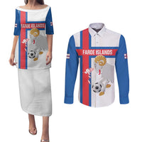 Custom Faroe Islands Football Couples Matching Puletasi and Long Sleeve Button Shirt Coat Of Arms Flag Style