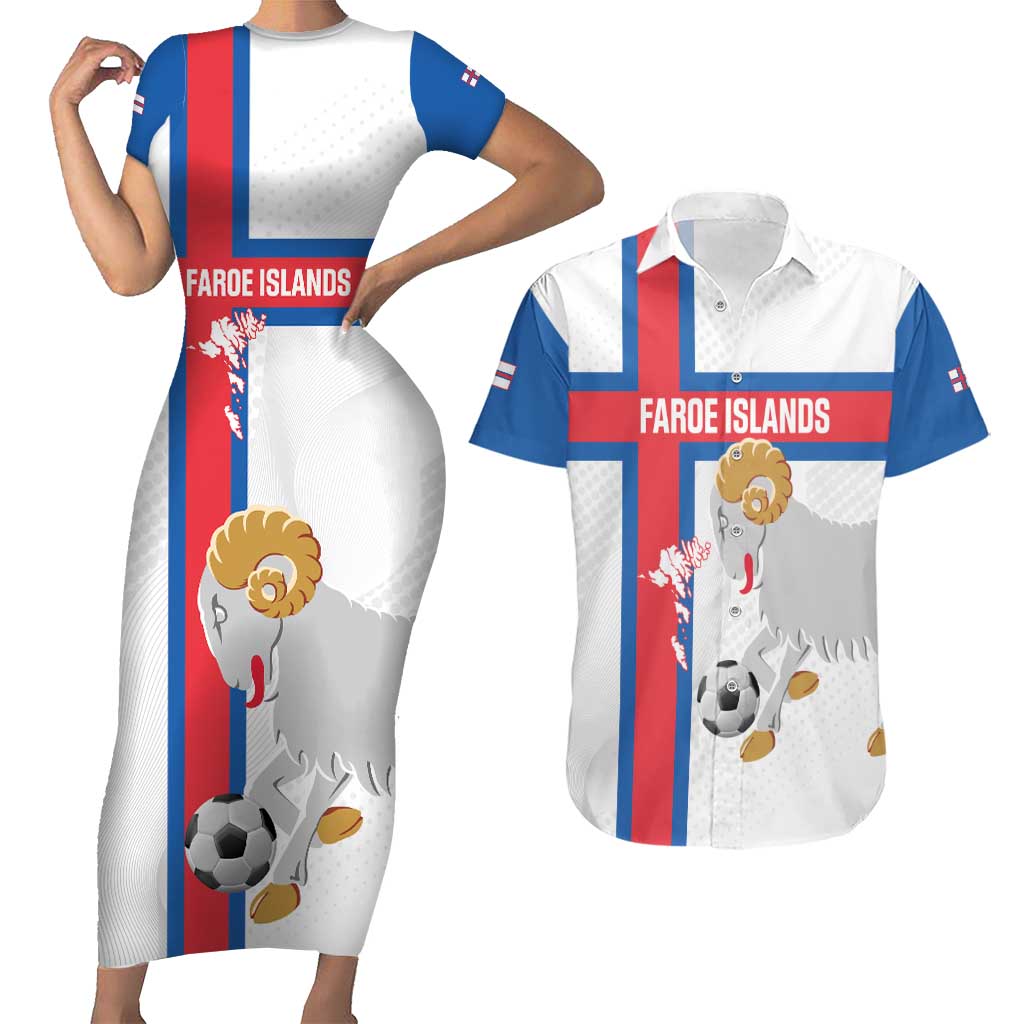 Custom Faroe Islands Football Couples Matching Short Sleeve Bodycon Dress and Hawaiian Shirt Coat Of Arms Flag Style