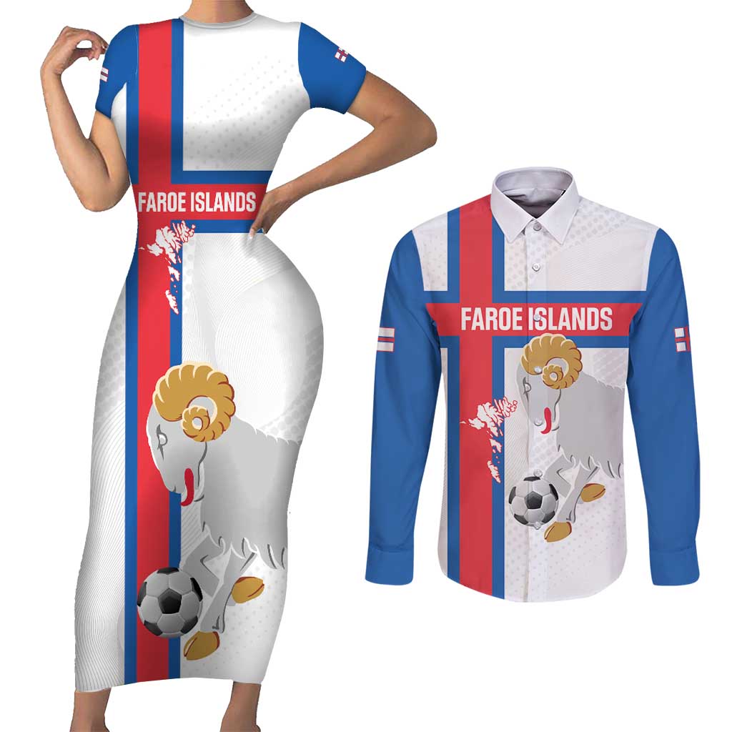 Custom Faroe Islands Football Couples Matching Short Sleeve Bodycon Dress and Long Sleeve Button Shirt Coat Of Arms Flag Style