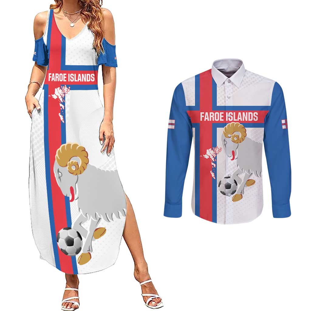 Custom Faroe Islands Football Couples Matching Summer Maxi Dress and Long Sleeve Button Shirt Coat Of Arms Flag Style