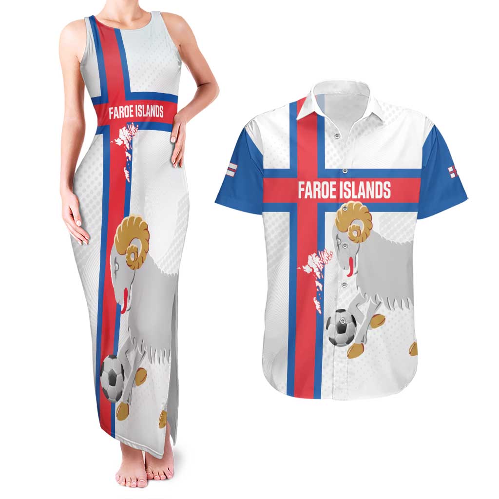 Custom Faroe Islands Football Couples Matching Tank Maxi Dress and Hawaiian Shirt Coat Of Arms Flag Style
