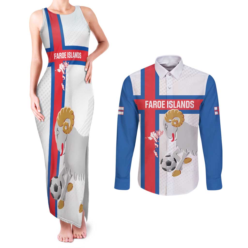 Custom Faroe Islands Football Couples Matching Tank Maxi Dress and Long Sleeve Button Shirt Coat Of Arms Flag Style