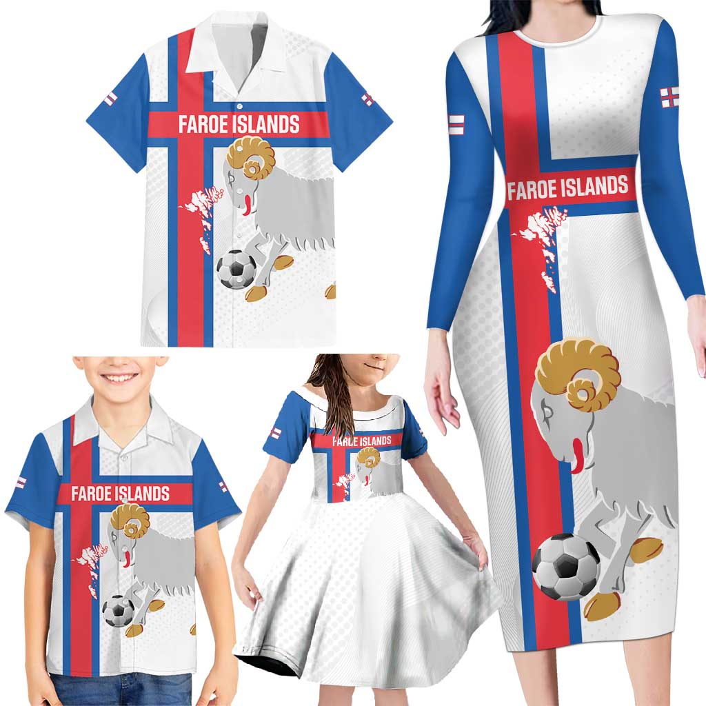 Custom Faroe Islands Football Family Matching Long Sleeve Bodycon Dress and Hawaiian Shirt Coat Of Arms Flag Style