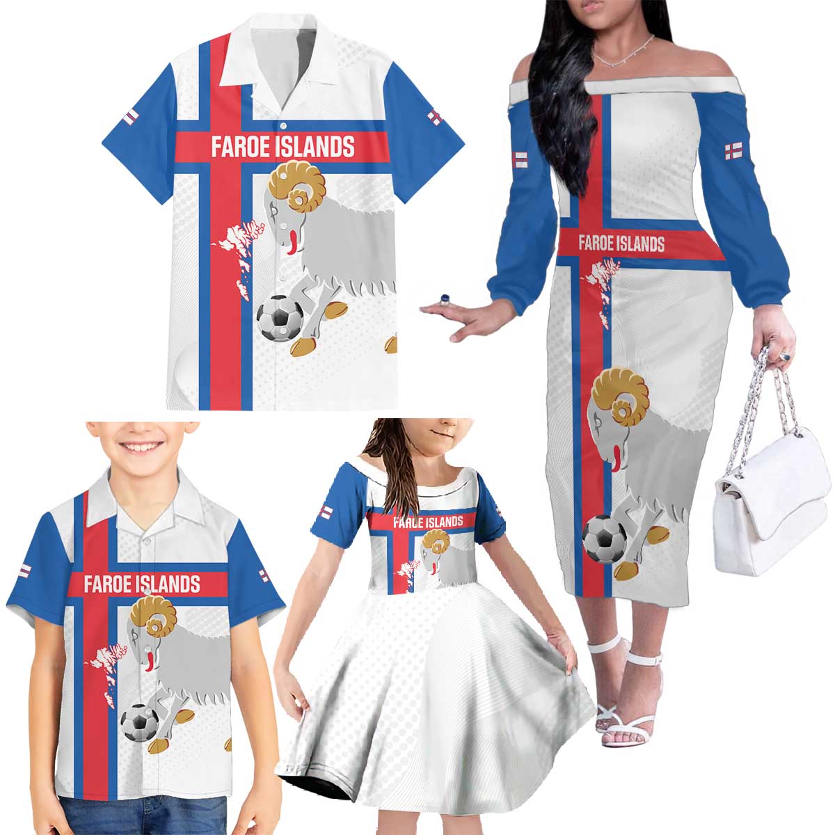 Custom Faroe Islands Football Family Matching Off The Shoulder Long Sleeve Dress and Hawaiian Shirt Coat Of Arms Flag Style